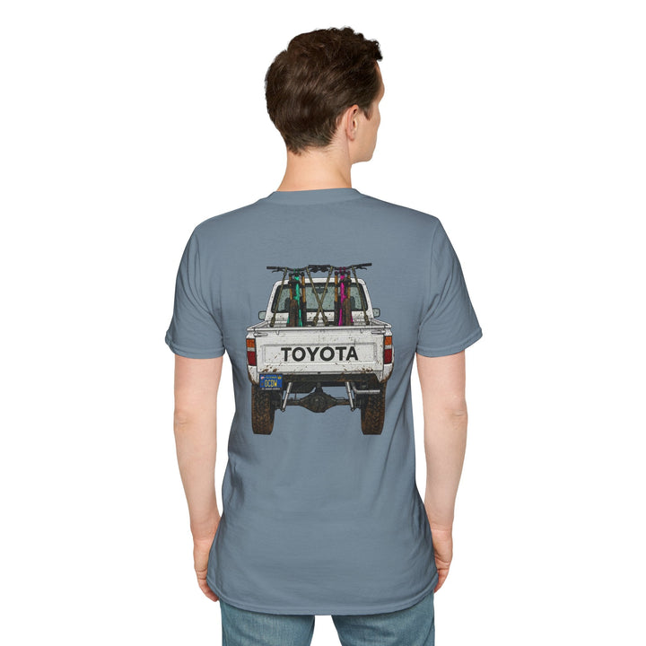 80's Toyota Truck with Mountain Bikes T-Shirt — Loaded up! - T-Shirt - Stone Blue - OC Designworks