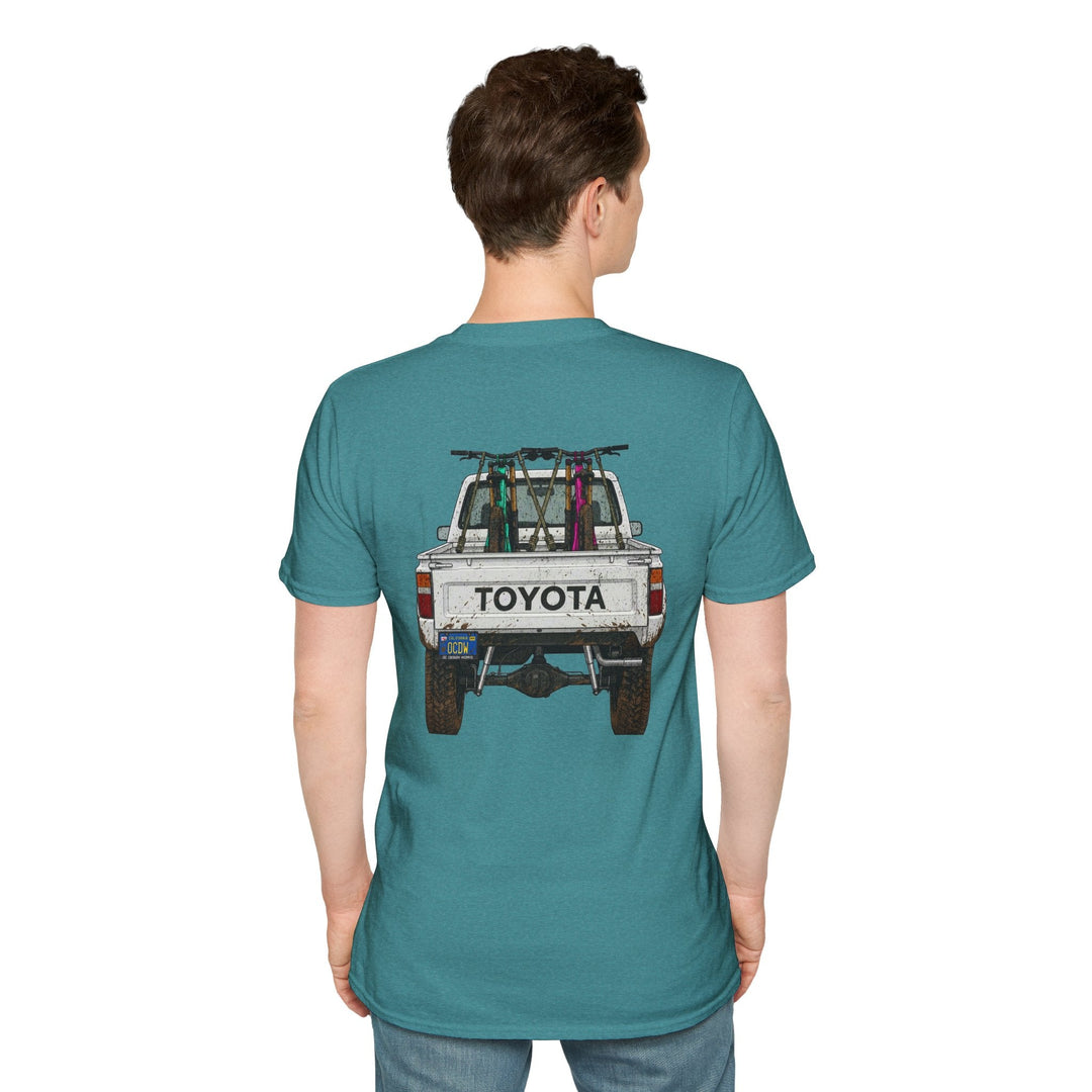80's Toyota Truck with Mountain Bikes T-Shirt — Loaded up! - T-Shirt - Heather Galapagos Blue - OC Designworks