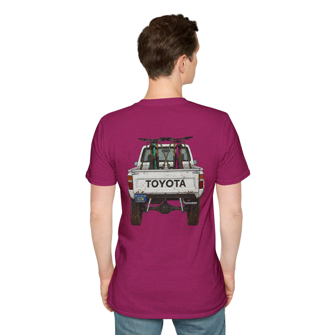 80's Toyota Truck with Mountain Bikes T-Shirt — Loaded up! - T-Shirt - Antique Heliconia - OC Designworks