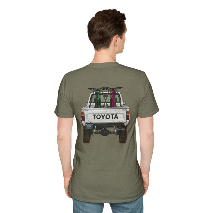 80's Toyota Truck with Mountain Bikes T-Shirt — Loaded up! - T-Shirt - Heather Military Green - OC Designworks