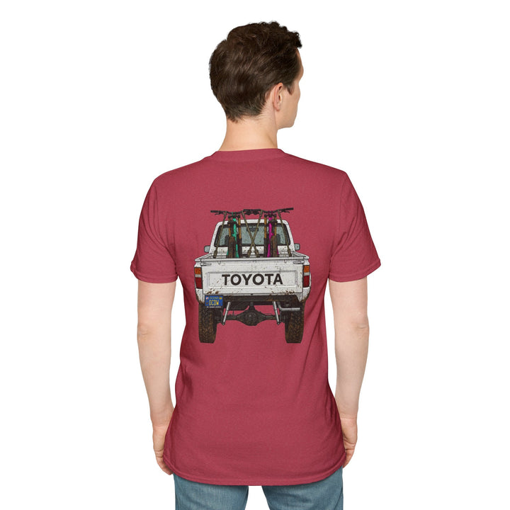 80's Toyota Truck with Mountain Bikes T-Shirt — Loaded up! - T-Shirt - Heather Cardinal - OC Designworks