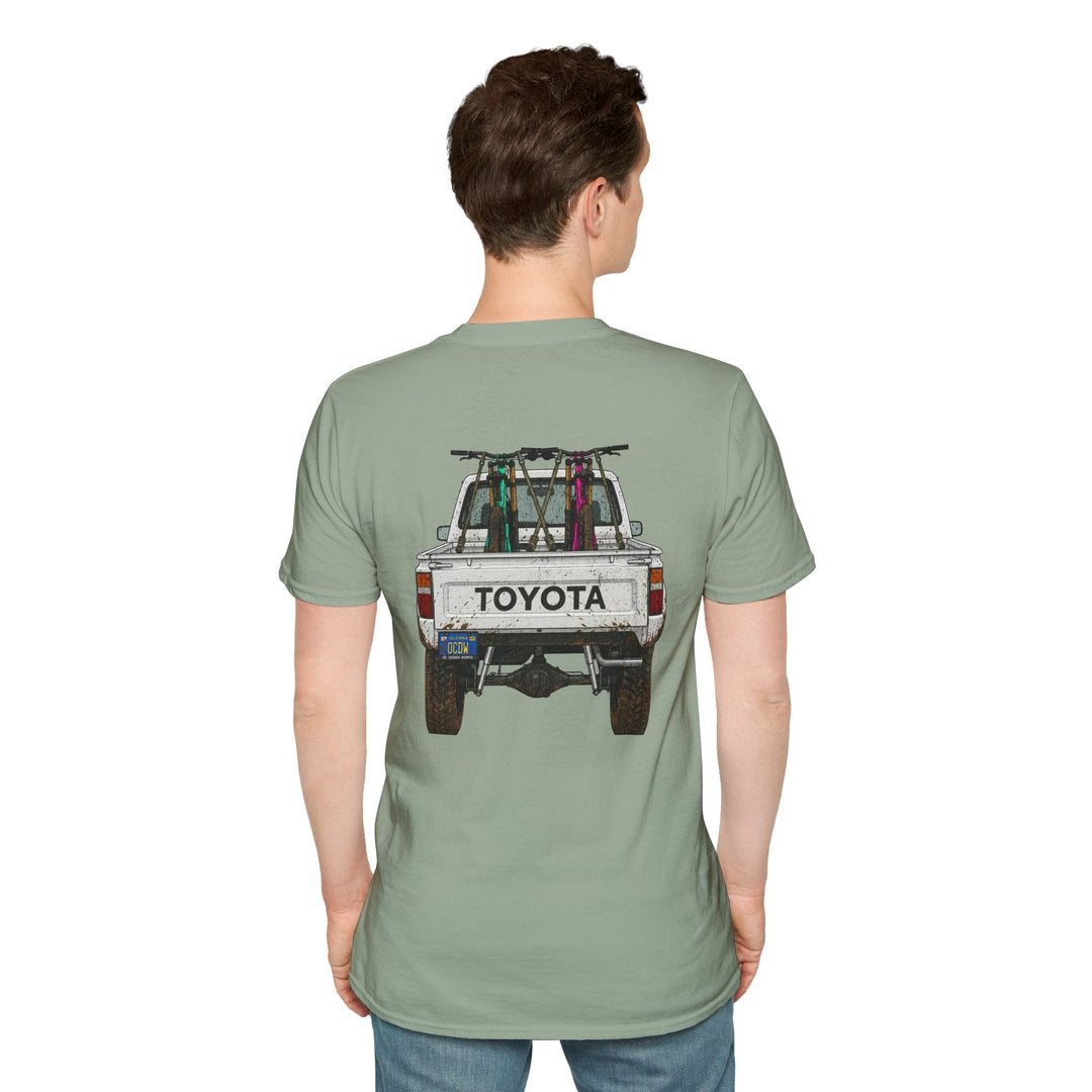 80's Toyota Truck with Mountain Bikes T-Shirt — Loaded up! - T-Shirt - Sage - OC Designworks