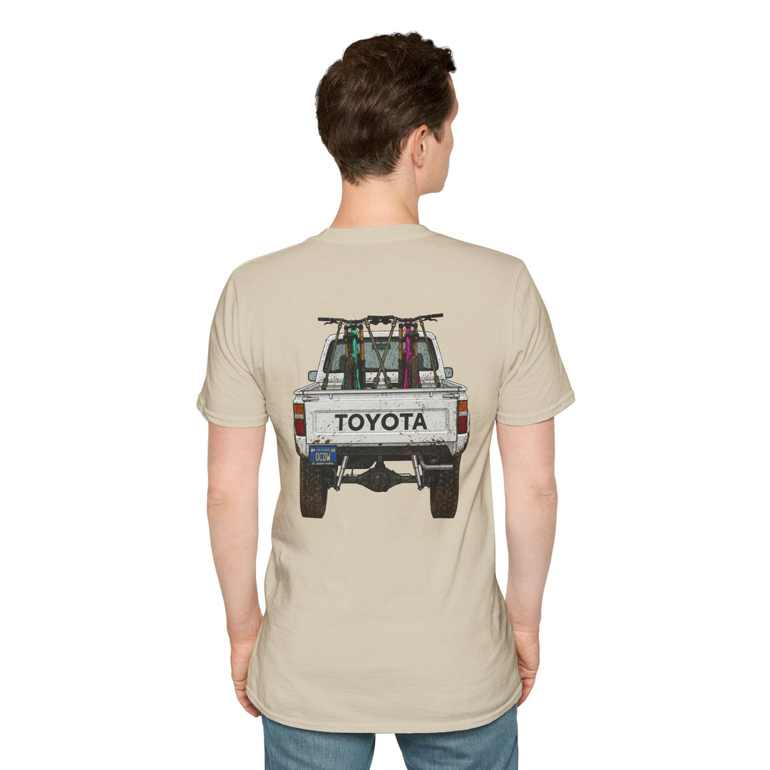 80's Toyota Truck with Mountain Bikes T-Shirt — Loaded up! - T-Shirt - Sand - OC Designworks