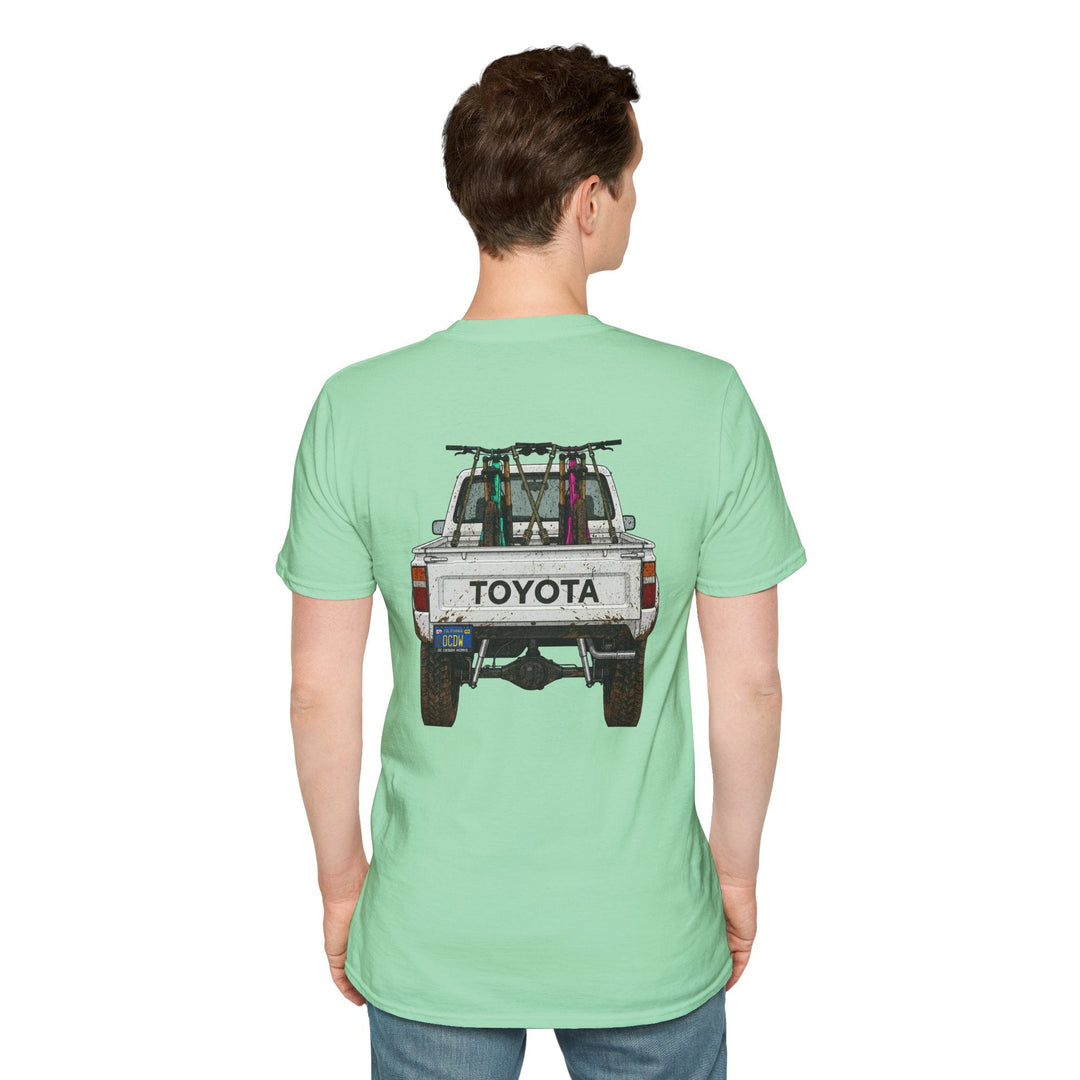 80's Toyota Truck with Mountain Bikes T-Shirt — Loaded up! - T-Shirt - Mint Green - OC Designworks