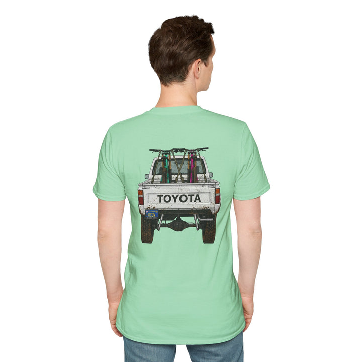 80's Toyota Truck with Mountain Bikes T-Shirt — Loaded up! - T-Shirt - Mint Green - OC Designworks