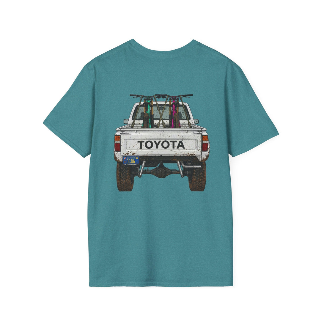 80's Toyota Truck with Mountain Bikes T-Shirt — Loaded up! - T-Shirt - Heather Galapagos Blue - OC Designworks