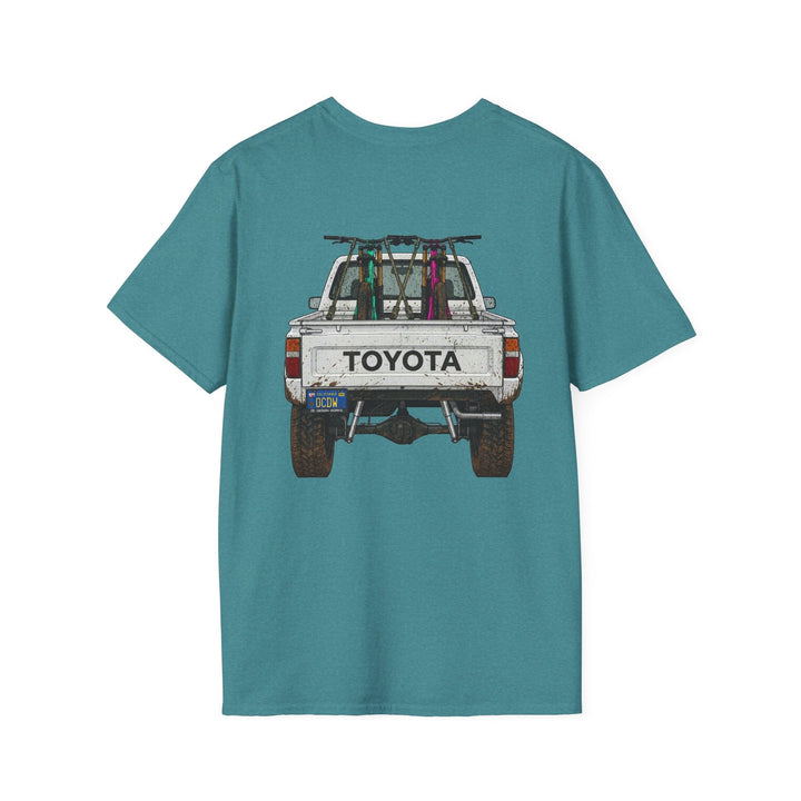 80's Toyota Truck with Mountain Bikes T-Shirt — Loaded up! - T-Shirt - Heather Galapagos Blue - OC Designworks