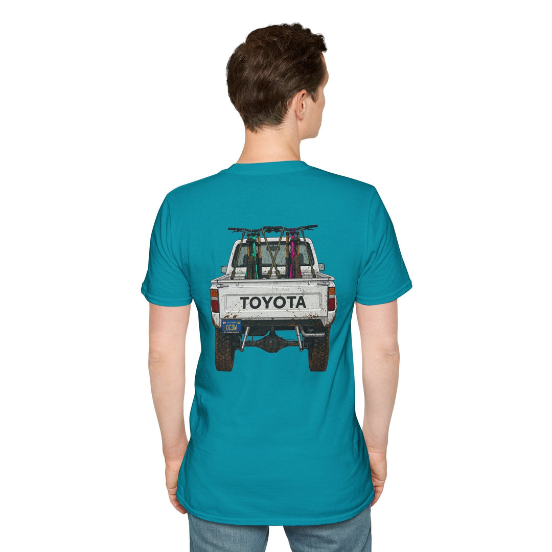 80's Toyota Truck with Mountain Bikes T-Shirt — Loaded up! - T-Shirt - Tropical Blue - OC Designworks