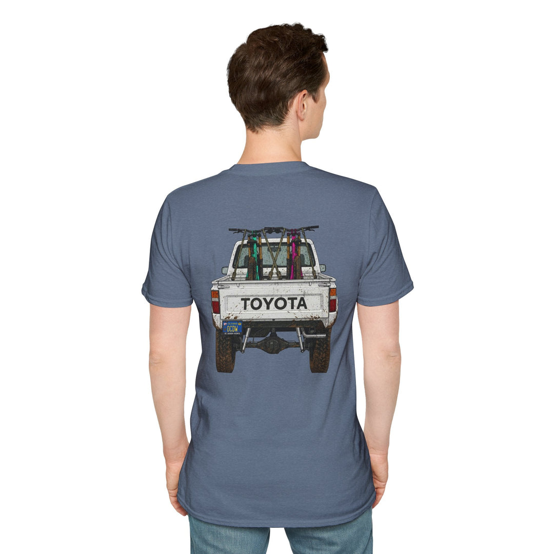 80's Toyota Truck with Mountain Bikes T-Shirt — Loaded up! - T-Shirt - Heather Indigo - OC Designworks