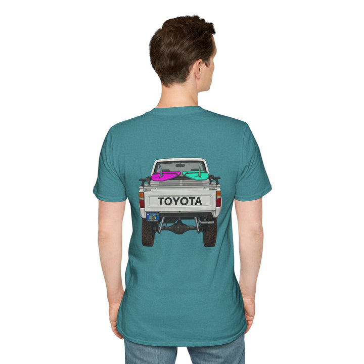 80s Toyota Truck with Surfboards T-Shirt - T-Shirt - Heather Galapagos Blue - OC Designworks