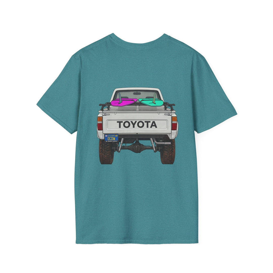 80s Toyota Truck with Surfboards T-Shirt - T-Shirt - Heather Galapagos Blue - OC Designworks