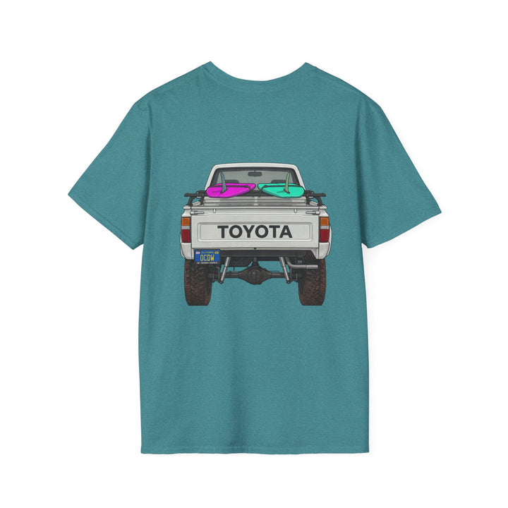 80s Toyota Truck with Surfboards T-Shirt - T-Shirt - Heather Galapagos Blue - OC Designworks