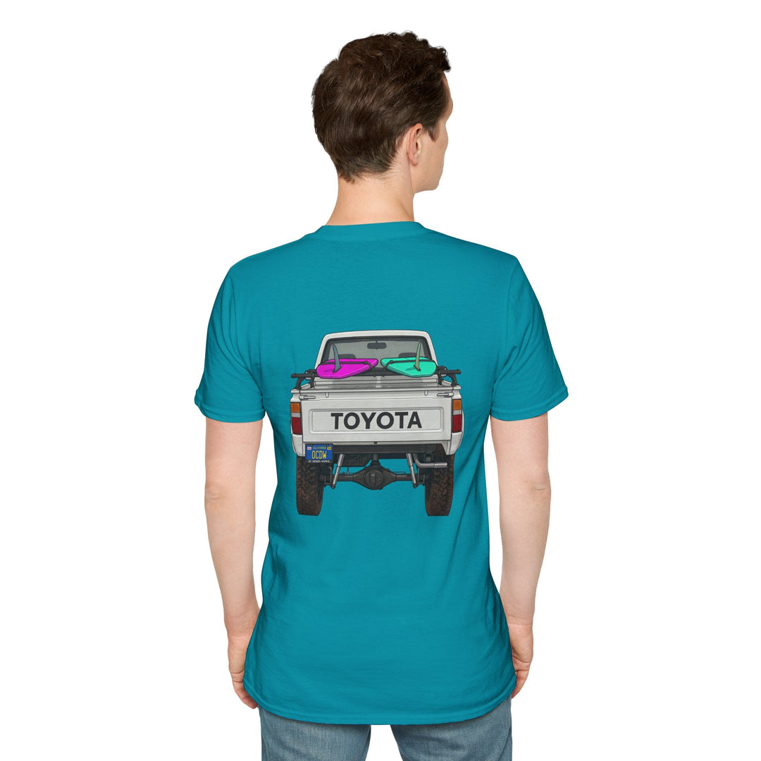 80s Toyota Truck with Surfboards T-Shirt - T-Shirt - Tropical Blue - OC Designworks