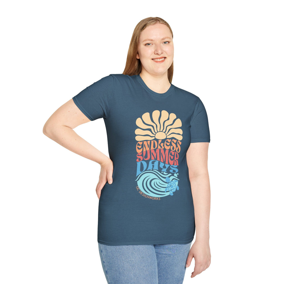Boho Sun & Waves T-Shirt — Endless Summer Days - T-Shirt - Indigo Blue - OC Designworks