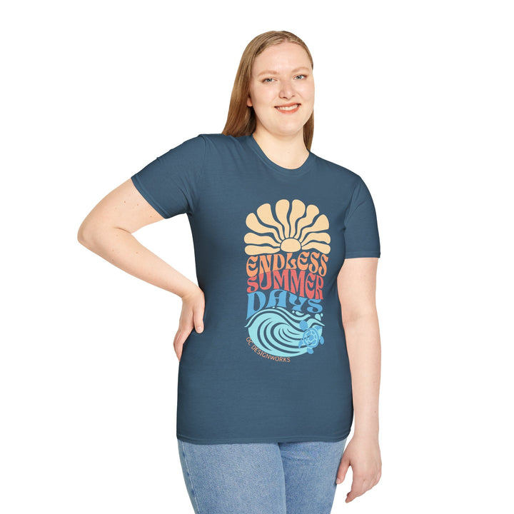 Boho Sun & Waves T-Shirt — Endless Summer Days - T-Shirt - Indigo Blue - OC Designworks