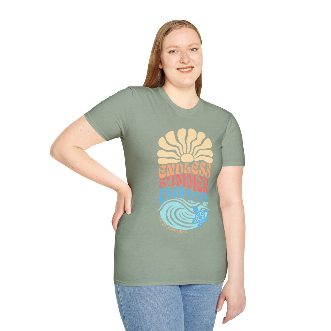 Boho Sun & Waves T-Shirt — Endless Summer Days - T-Shirt - Sage - OC Designworks