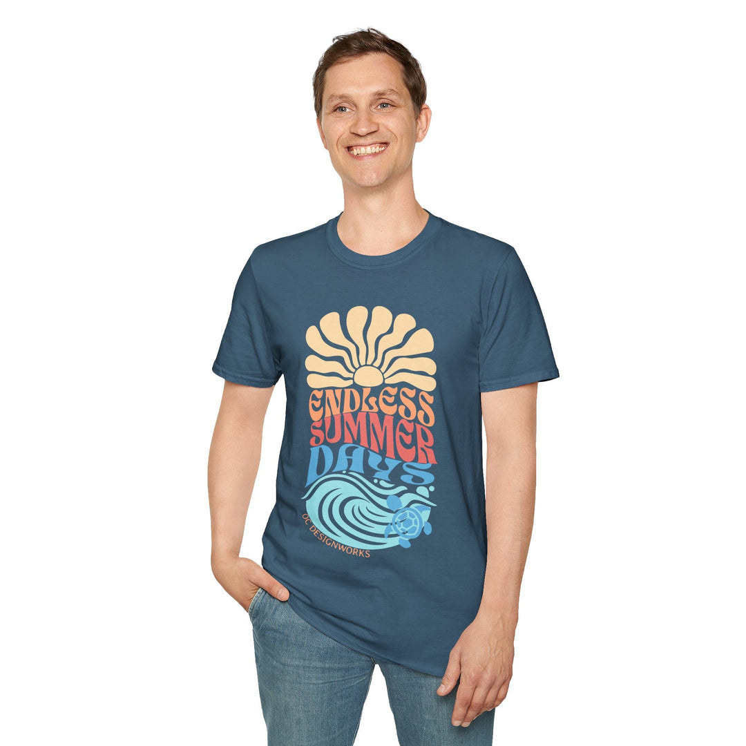 Boho Sun & Waves T-Shirt — Endless Summer Days - T-Shirt - Indigo Blue - OC Designworks