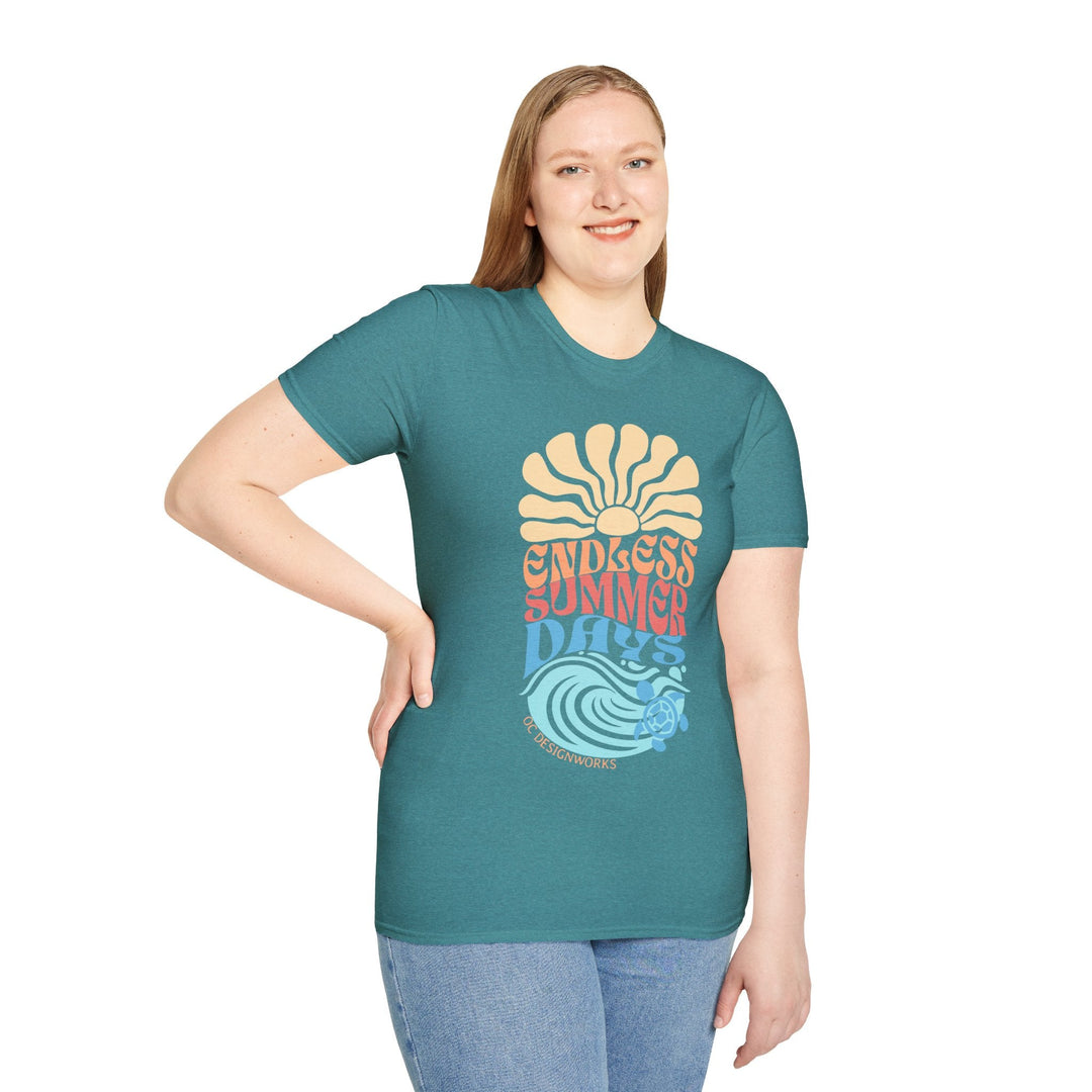 Boho Sun & Waves T-Shirt — Endless Summer Days - T-Shirt - Heather Galapagos Blue - OC Designworks