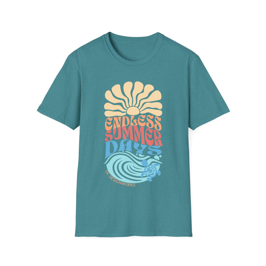 Boho Sun & Waves T-Shirt — Endless Summer Days - T-Shirt - Heather Galapagos Blue - OC Designworks