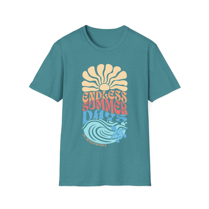 Boho Sun & Waves T-Shirt — Endless Summer Days - T-Shirt - Heather Galapagos Blue - OC Designworks