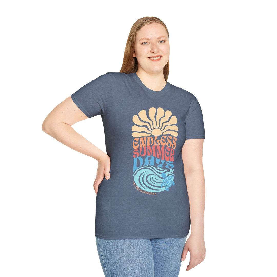 Boho Sun & Waves T-Shirt — Endless Summer Days - T-Shirt - Heather Indigo - OC Designworks