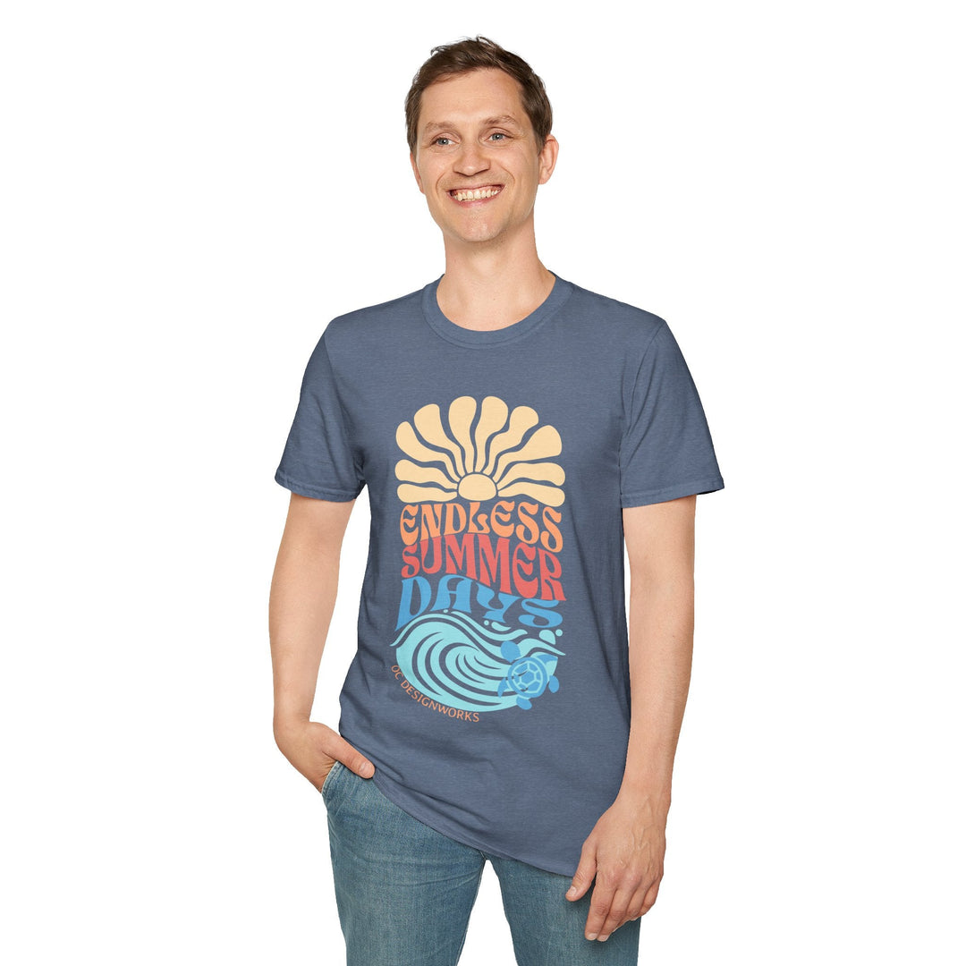 Boho Sun & Waves T-Shirt — Endless Summer Days - T-Shirt - Heather Indigo - OC Designworks