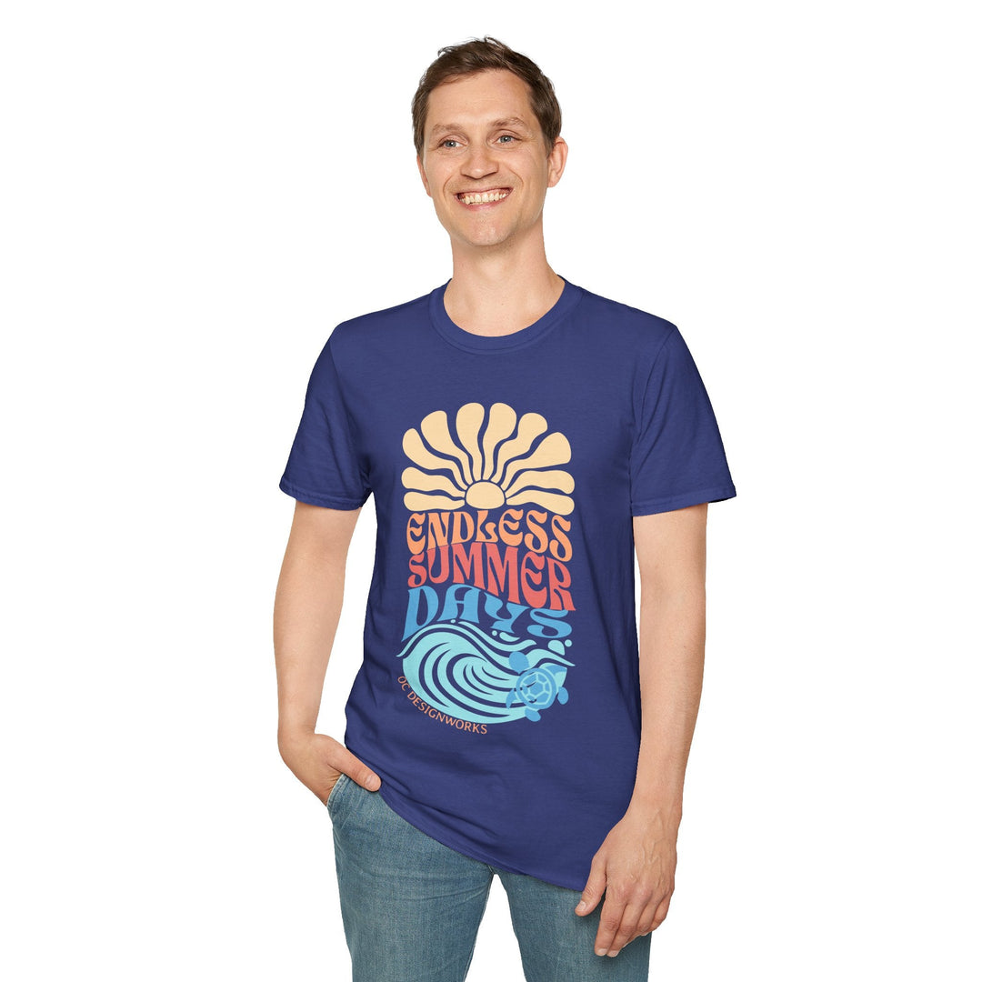 Boho Sun & Waves T-Shirt — Endless Summer Days - T-Shirt - Metro Blue - OC Designworks