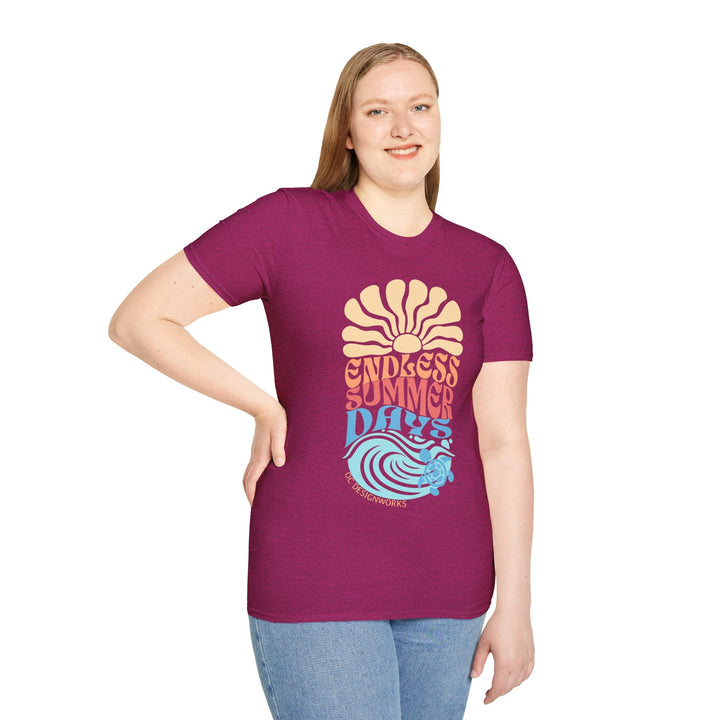 Boho Sun & Waves T-Shirt — Endless Summer Days - T-Shirt - Antique Heliconia - OC Designworks