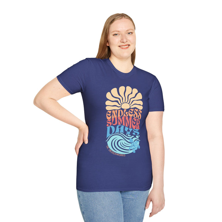 Boho Sun & Waves T-Shirt — Endless Summer Days - T-Shirt - Metro Blue - OC Designworks