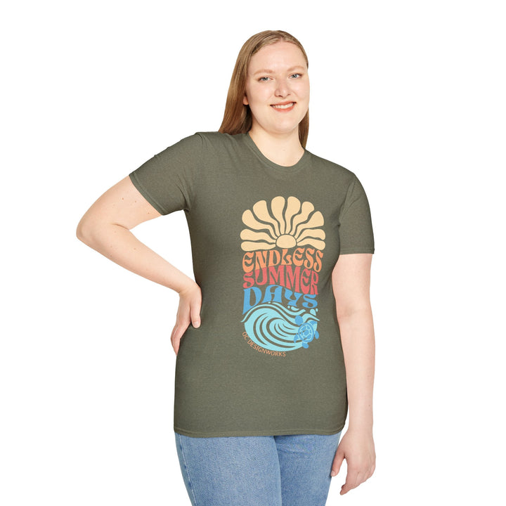 Boho Sun & Waves T-Shirt — Endless Summer Days - T-Shirt - Heather Military Green - OC Designworks