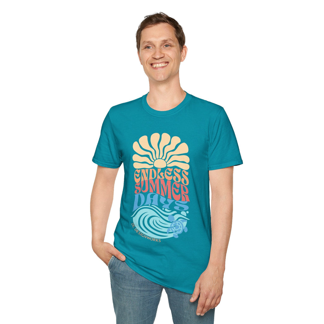Boho Sun & Waves T-Shirt — Endless Summer Days - T-Shirt - Tropical Blue - OC Designworks