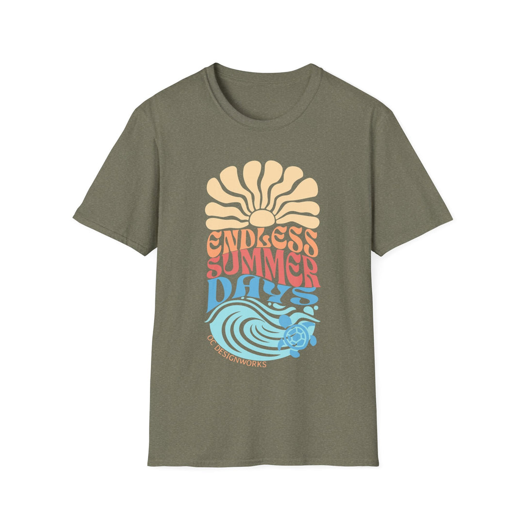 Boho Sun & Waves T-Shirt — Endless Summer Days - T-Shirt - Heather Military Green - OC Designworks