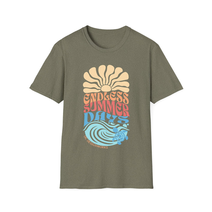 Boho Sun & Waves T-Shirt — Endless Summer Days - T-Shirt - Heather Military Green - OC Designworks