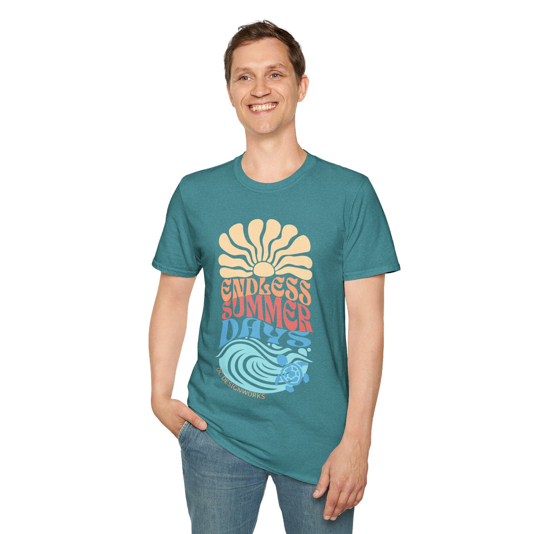 Boho Sun & Waves T-Shirt — Endless Summer Days - T-Shirt - Heather Galapagos Blue - OC Designworks