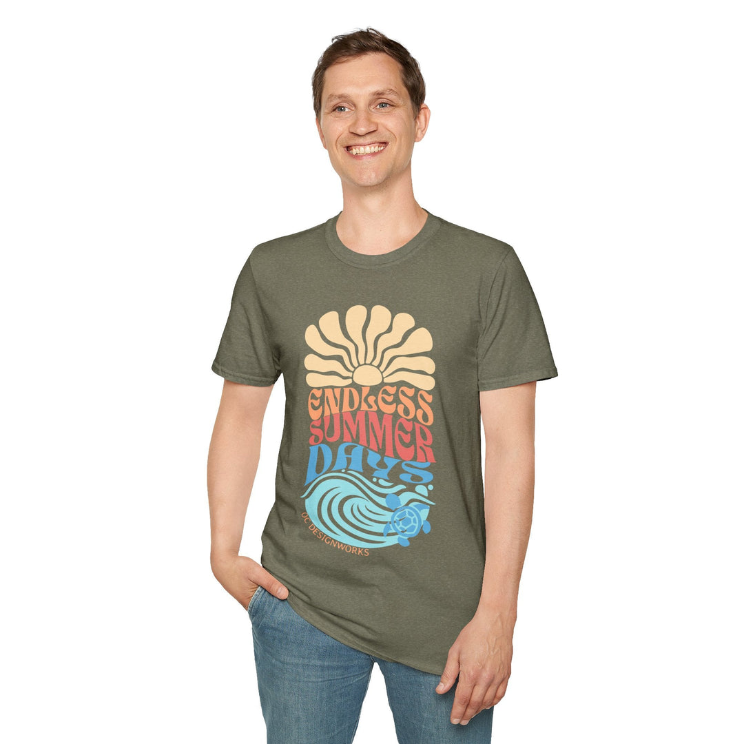 Boho Sun & Waves T-Shirt — Endless Summer Days - T-Shirt - Heather Military Green - OC Designworks