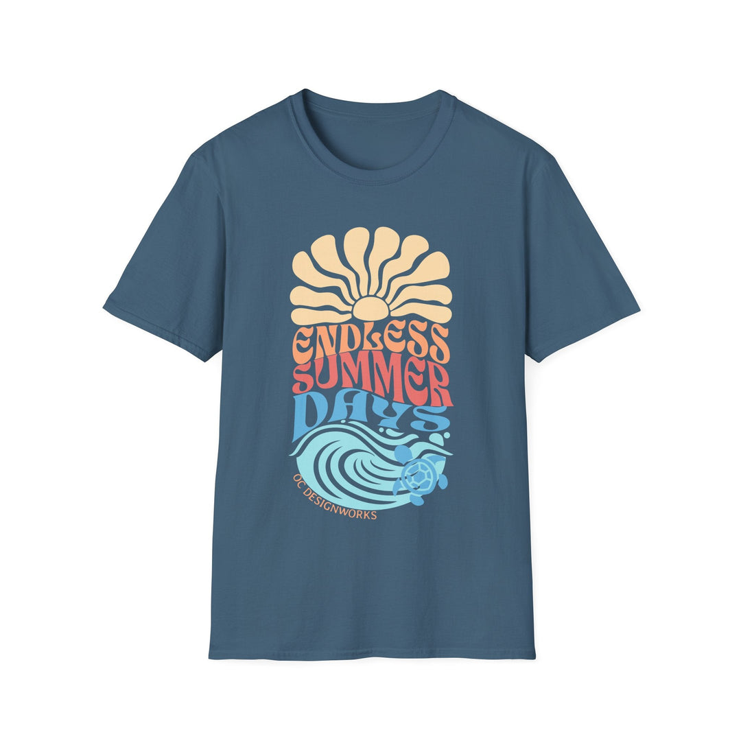 Boho Sun & Waves T-Shirt — Endless Summer Days - T-Shirt - Indigo Blue - OC Designworks