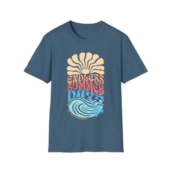 Boho Sun & Waves T-Shirt — Endless Summer Days - T-Shirt - Indigo Blue - OC Designworks