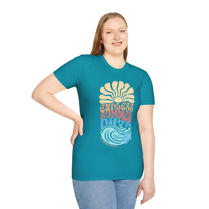 Boho Sun & Waves T-Shirt — Endless Summer Days - T-Shirt - Tropical Blue - OC Designworks