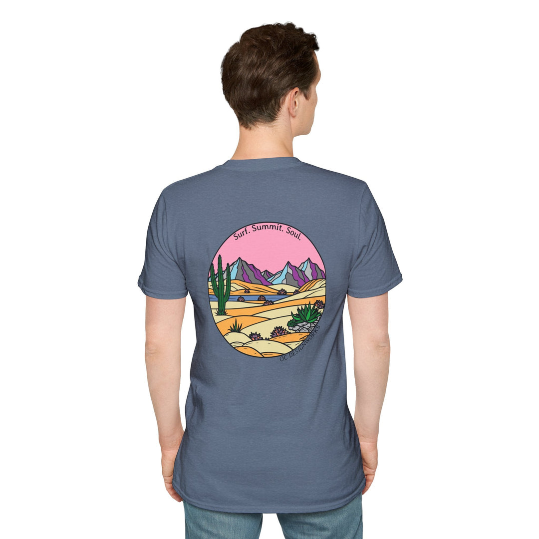 Cactus Sunset T-Shirt — Surf. Summit. Soul. - T-Shirt - Heather Indigo - OC Designworks