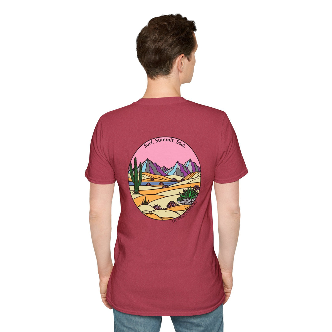 Cactus Sunset T-Shirt — Surf. Summit. Soul. - T-Shirt - Heather Cardinal - OC Designworks