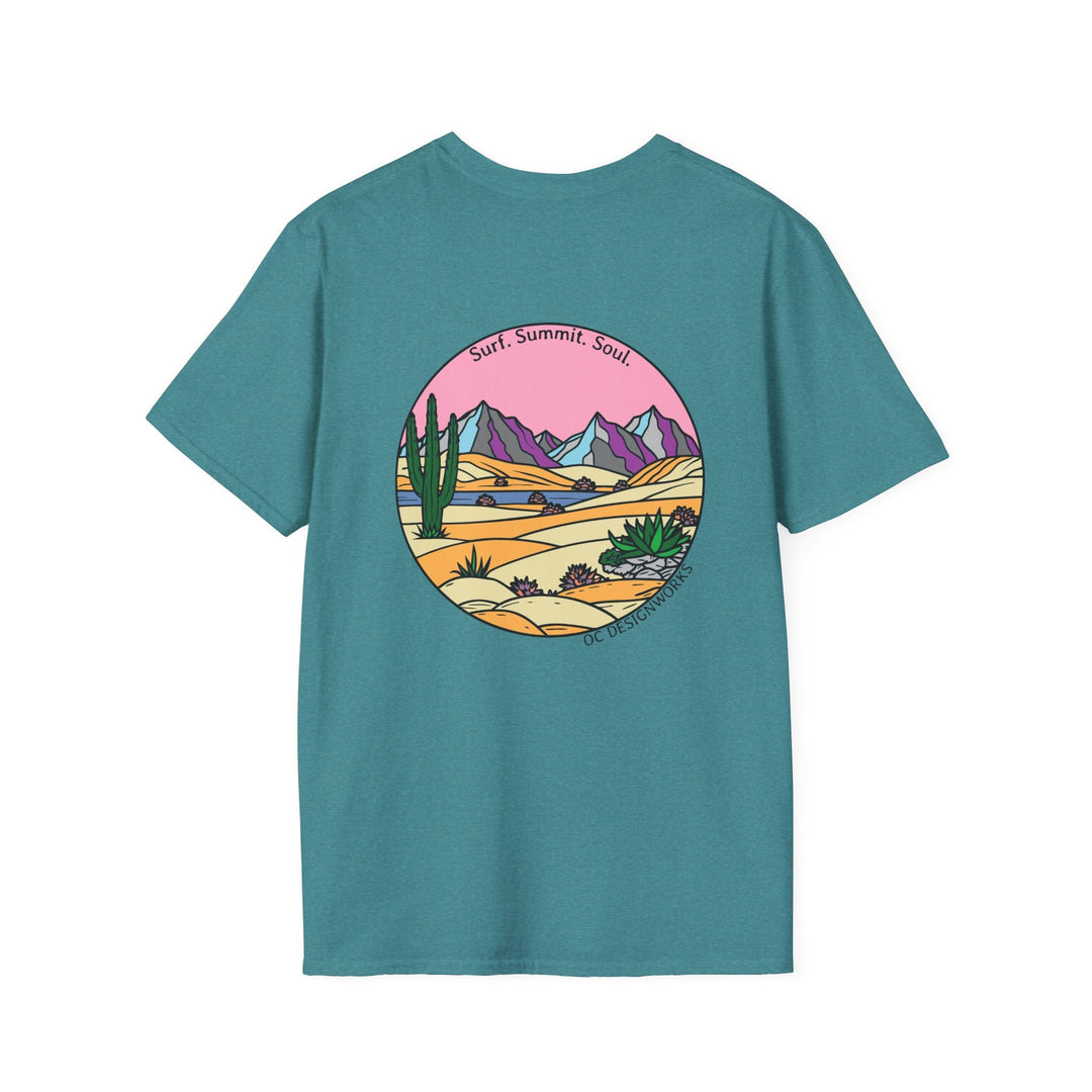 Cactus Sunset T-Shirt — Surf. Summit. Soul. - T-Shirt - Heather Galapagos Blue - OC Designworks