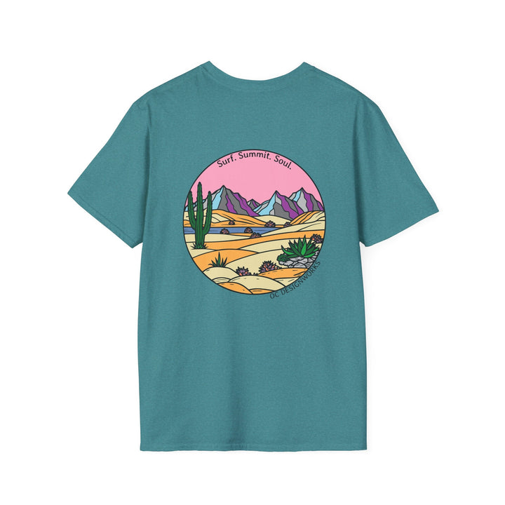 Cactus Sunset T-Shirt — Surf. Summit. Soul. - T-Shirt - Heather Galapagos Blue - OC Designworks