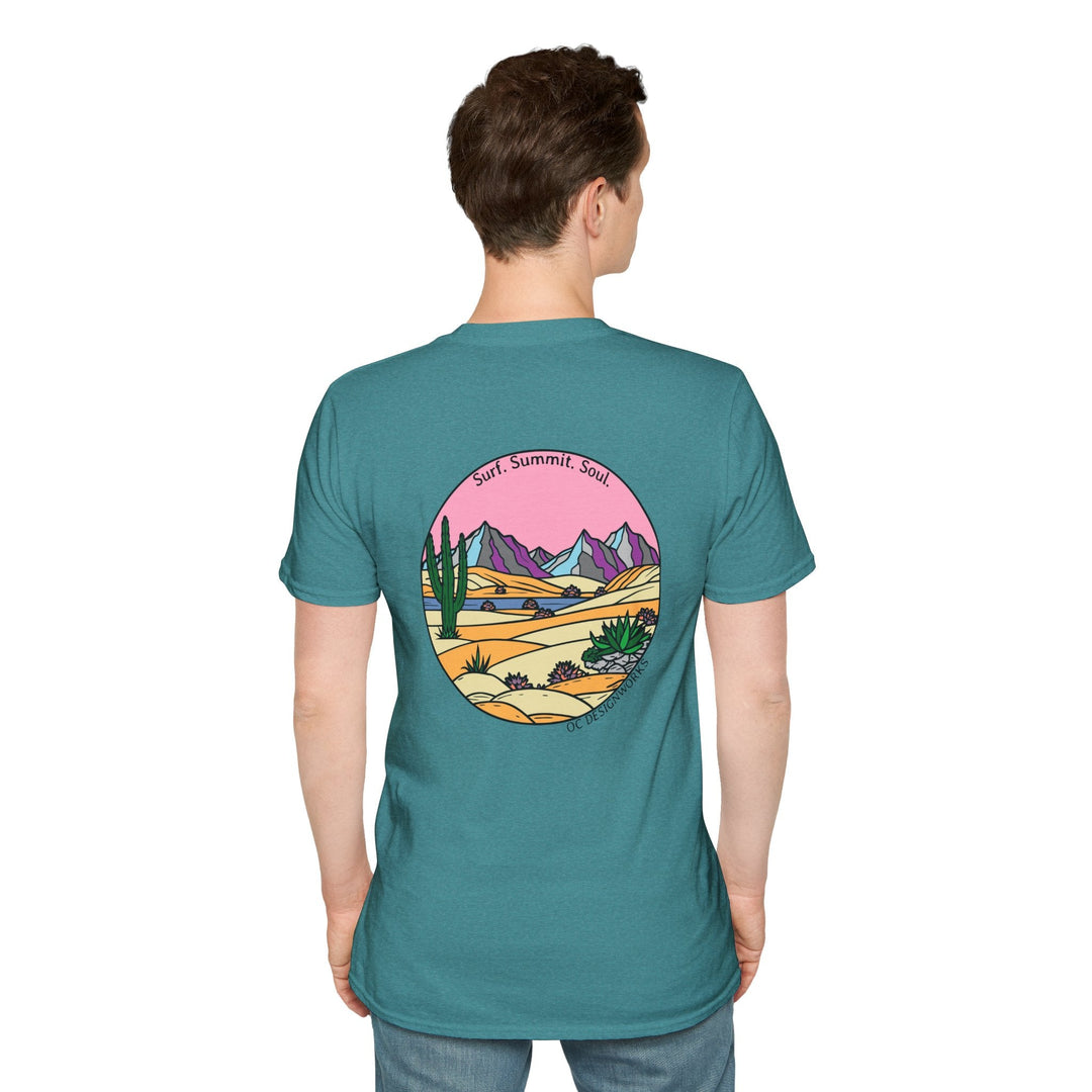 Cactus Sunset T-Shirt — Surf. Summit. Soul. - T-Shirt - Heather Galapagos Blue - OC Designworks