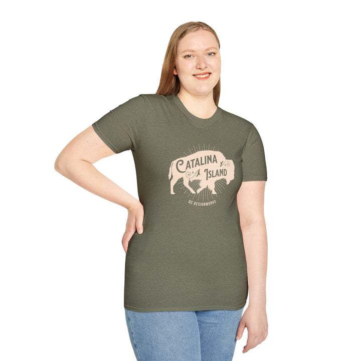 Catalina Island California Bison T-Shirt - T-Shirt - Heather Military Green - OC Designworks