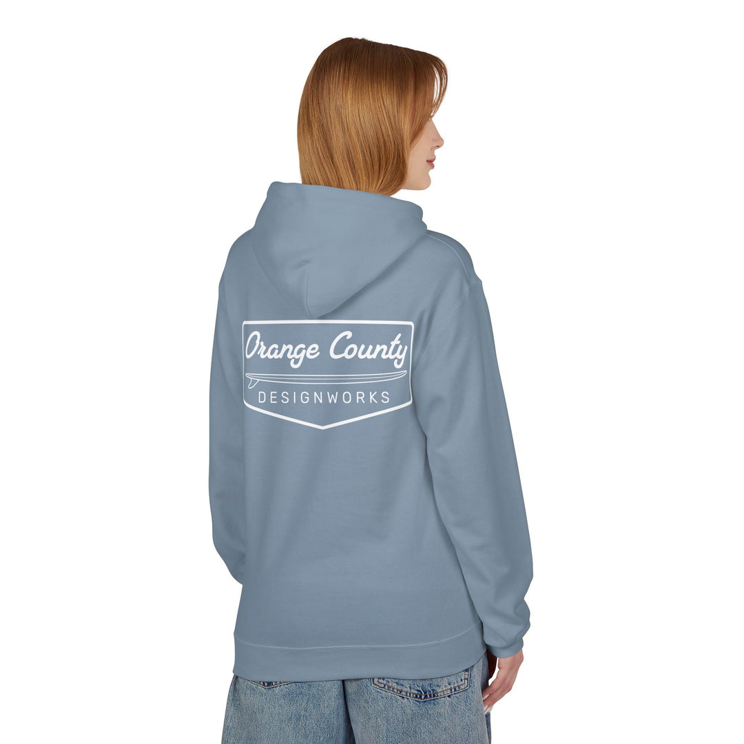 Heritage Hoodie — White Vintage Surf Logo - Hoodie - Stone Blue - OC Designworks
