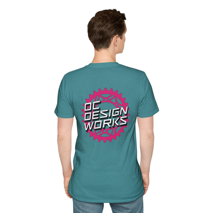 Heritage T-Shirt — Magenta Gear Logo - T-Shirt - Heather Galapagos Blue - OC Designworks