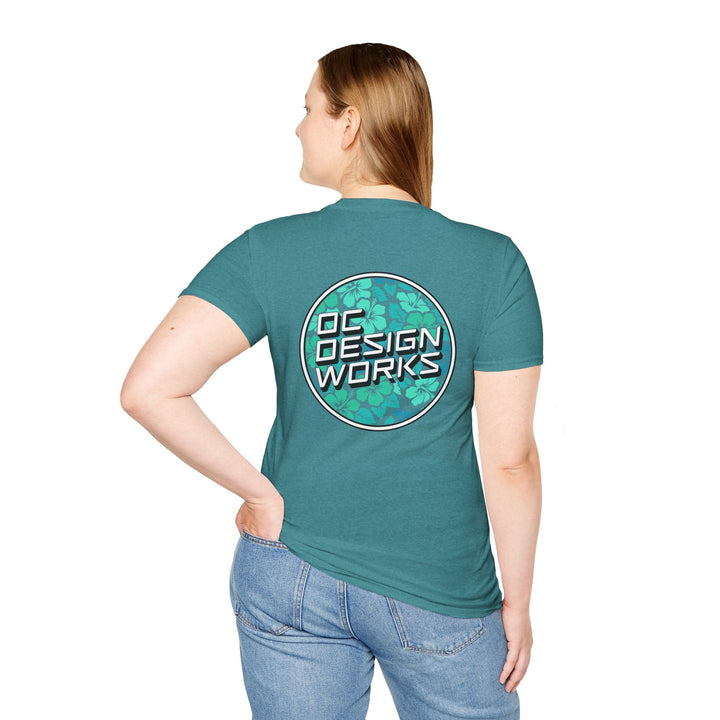 Heritage T-Shirt — Mint Hibiscus Logo - T-Shirt - Heather Galapagos Blue - OC Designworks