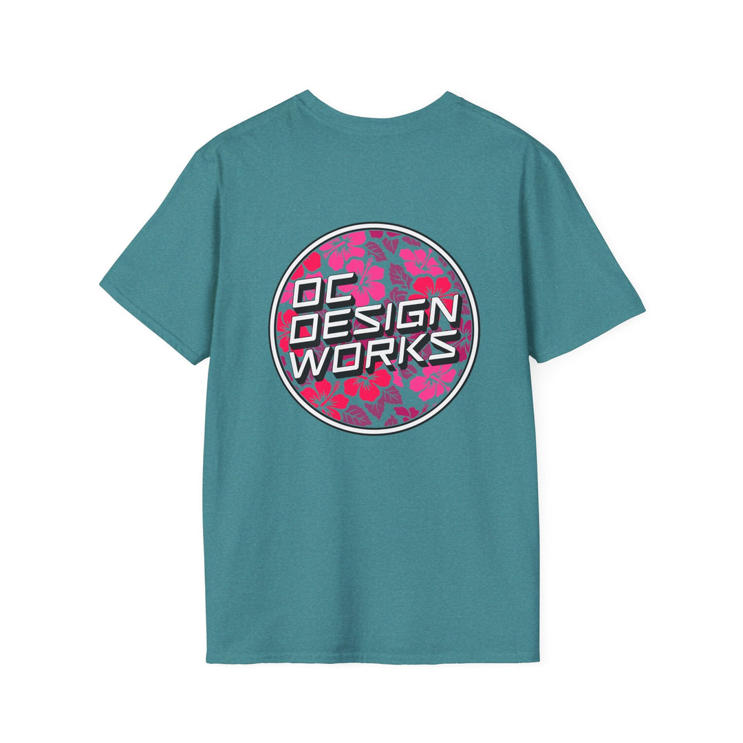 Heritage T-Shirt — Rose Hibiscus Logo - T-Shirt - Heather Galapagos Blue - OC Designworks