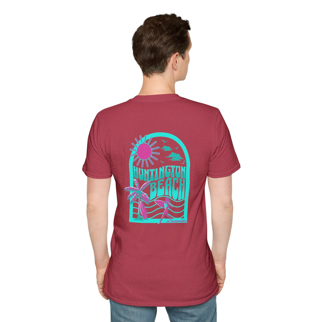 Huntington Beach California Retro Surf T-Shirt - Teal - T-Shirt - Heather Cardinal - OC Designworks
