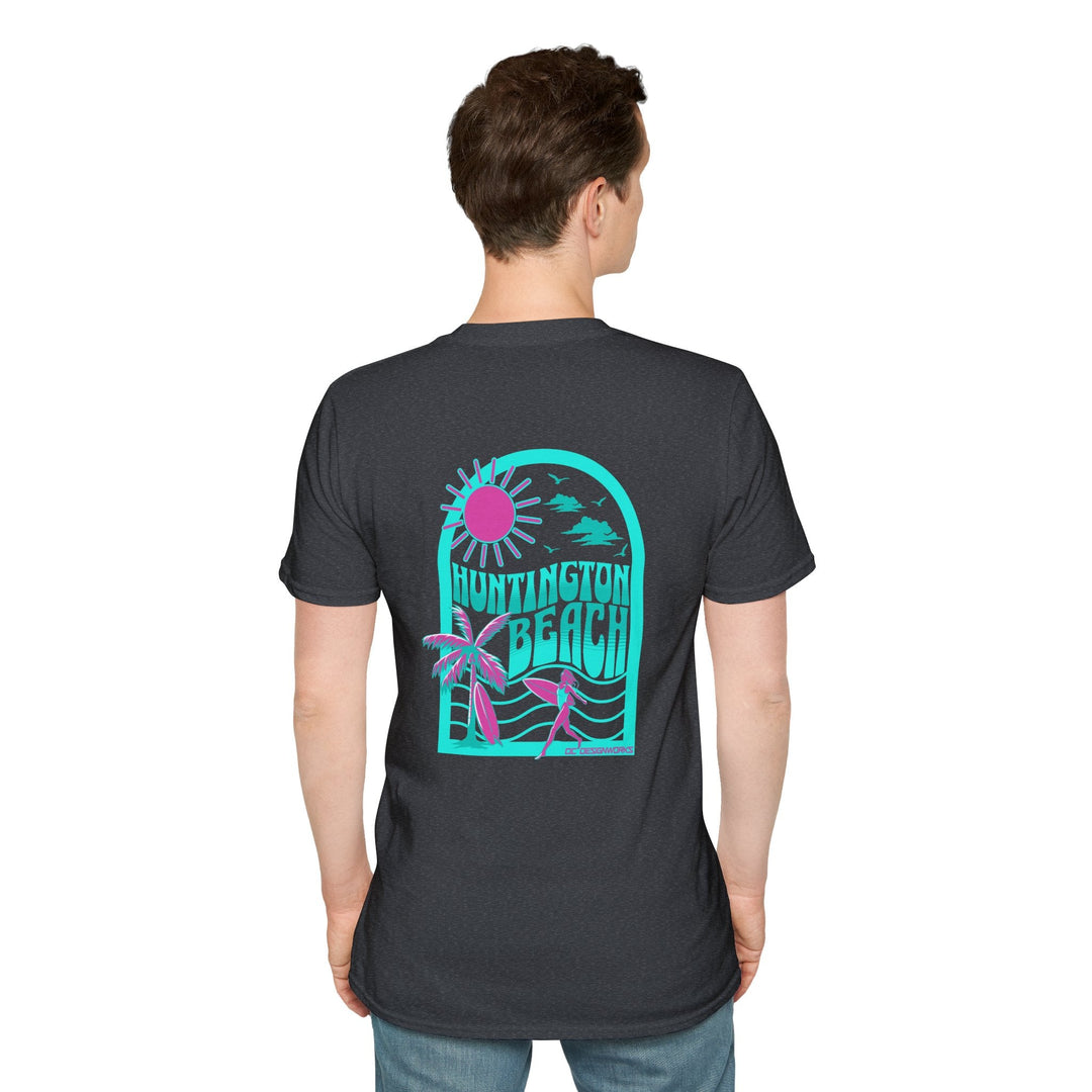 Huntington Beach California Retro Surf T-Shirt - Teal - T-Shirt - Dark Heather Grey - OC Designworks